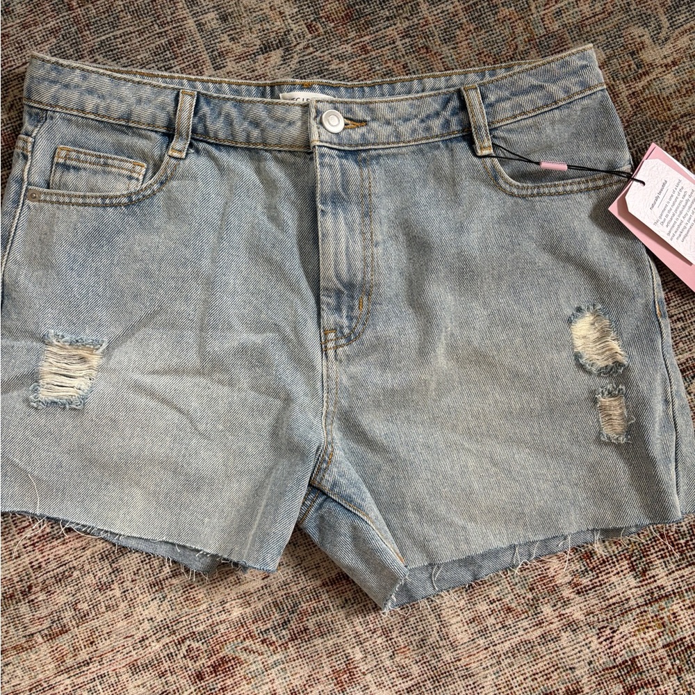 Avec Les Filles Light Blue Distressed Jean Shorts